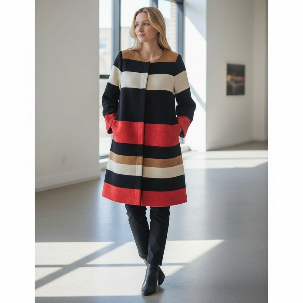Chico's Wool Colorblock Stripe Zip Long Pocket Pea Coat Jacket Cozy